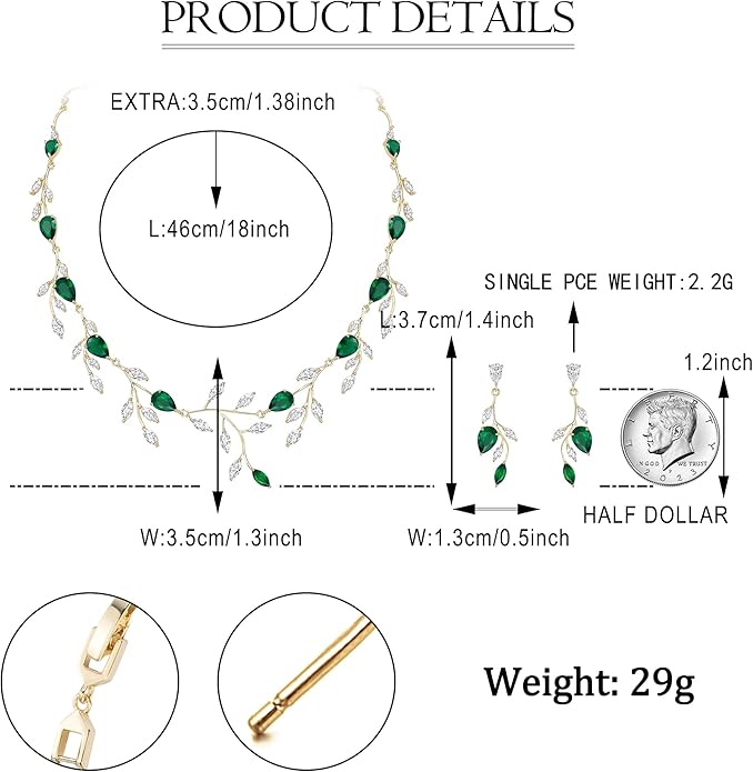EVER FAITH Wedding Jewelry for Bride Women Bridesmaid, Sparkly Cubic Zirconia Pear-Shaped Birthstone Leaf Necklace Earrings Set for Prom