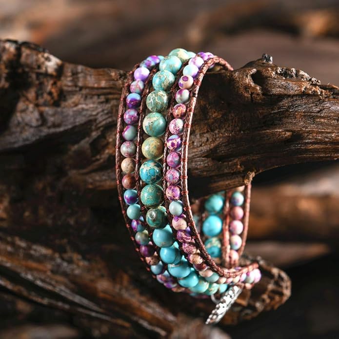 YGLINE Boho Handmade Natural Stone Bead 3 Row Wide Wrap Wrist Statment Bracelet Jewelry Collection