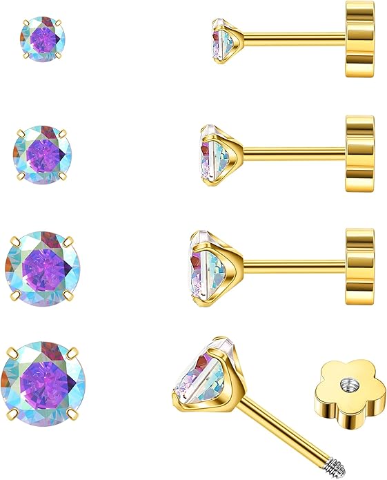 4Pairs AB Cubic Zirconia Earrings Studs Flat Back Earrings for Women 14K Gold CZ Flatback Stud Earrings Hypoallergenic Cartilage Nap Earrings