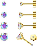 4Pairs AB Cubic Zirconia Earrings Studs Flat Back Earrings for Women 14K Gold CZ Flatback Stud Earrings Hypoallergenic Cartilage Nap Earrings