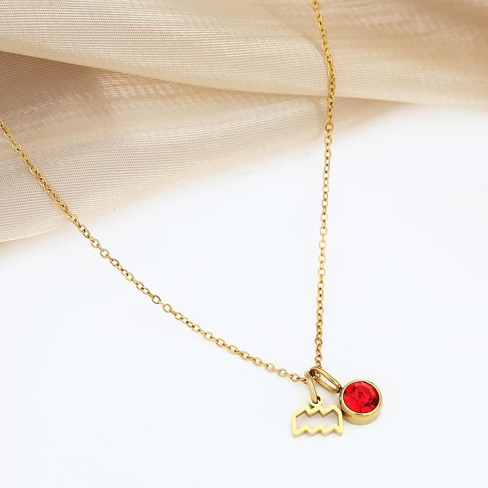 MISS RIGHT Initial Birthstone Necklace for Women - Personalized Gifts Birthday Gifts for Women Stainless Steel 18K Gold Plated Dainty Gold Zodiac Sign 12 Constellation Horoscope Necklace Jewelry