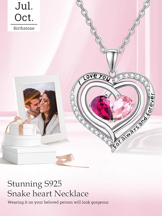 Valentine's Day Gifts for Wife 925 Sterling Silver Double Birthstone Pendant Necklaces I Love You for Always and Forever Necklace Anniversary Birthday Gifts for Wife Girlfriend Mom Her