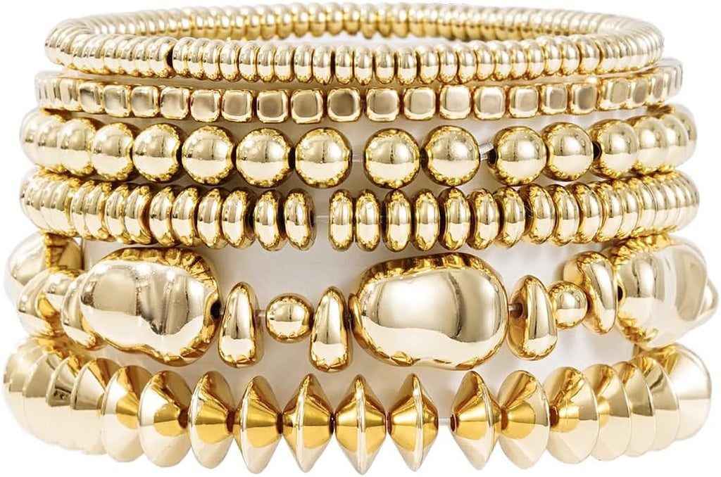 Gold Plated Beaded Bracelets for Women Trendy, 14K Gold Plated Stack Cross Pearl Gold Plated Bead Stretch Bracelets Set Elastic Hypoallergenic Bracelets Jewelry Gifts
