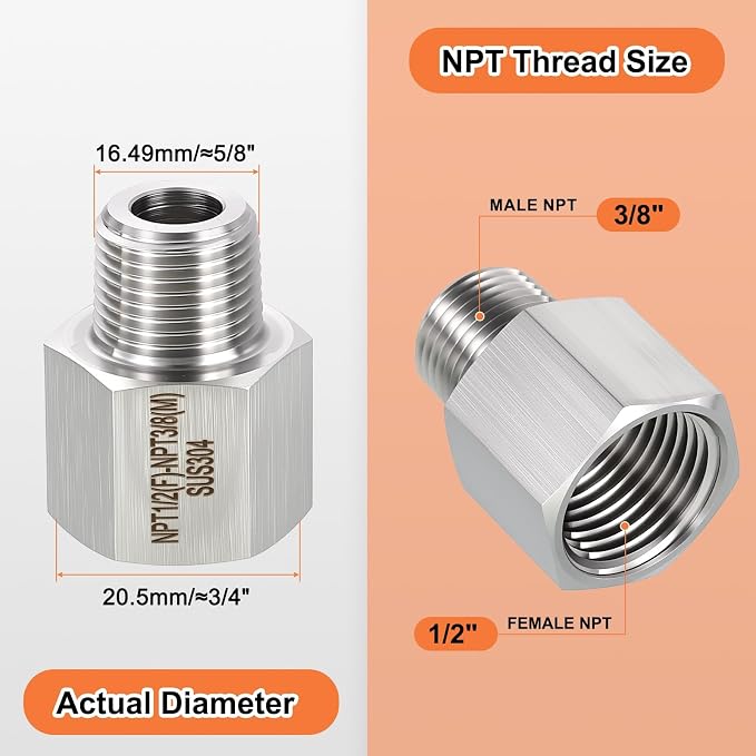 1 Pack 304 Stainless Steel FeMale to Male Adapter, 1/2" FeMale NPT x 3/8" Male - Image 2