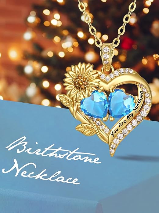Sunflower Heart Necklace for Women 14K Gold Exquisite Valentines Day Anniversary Birthday Gifts for Wife Mother Her Double Birthstone Pendant Jewelry‘You Are My Sunshine’