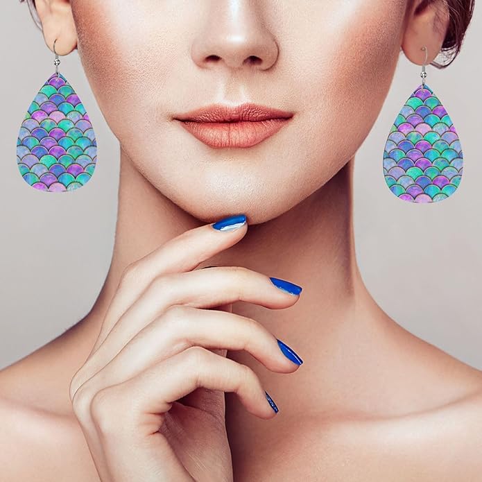 Mermaid Japanese Teardrop Earrings For Women, Dangle Earrings Jewelry For Women, Lightweight Faux Leather Earrings Gifts