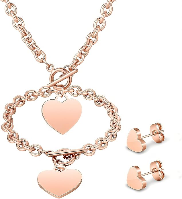 Bucherry 3 Pcs Heart Jewelry Set Bow Snowflake Jewelry Heart Pendant Chain Toggle Necklace with Bracelet Earrings Snowflake Stainless Steel Link Chain for Women Gift