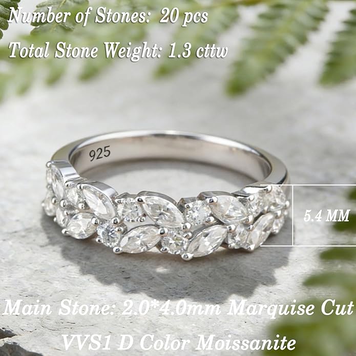 D Color VVS1 Moissanite Rings for Women 925 Sterling Silver Wedding Bands Marquise Eternity Rings Stackable Promise Size 5-10