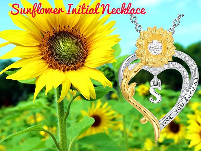 Initial Necklace 925 Sterling Silver Sunflower Heart Letter Pendant Alphabet Anniversary Birthday Jewelry Gifts for Women Mom Girlfriend Wife Her
