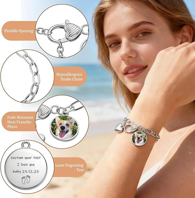 WBW Custom Photo Charm Bracelet for Women Personalized Picture Bracelet with Cute Heart Pendant Customizable Jewelry Chain Name Date Text Valentine‘s Day Gift for Her Girlfriend Wife