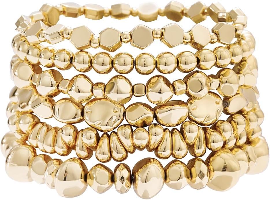 GOOJIDS Surfer Heishi Clay Bead Bracelets for Women Bohemian Stackable Gold Plated Beaded Stretch Bracelets Elastic Layering Friendship Bracelets Set Boho Jewelry