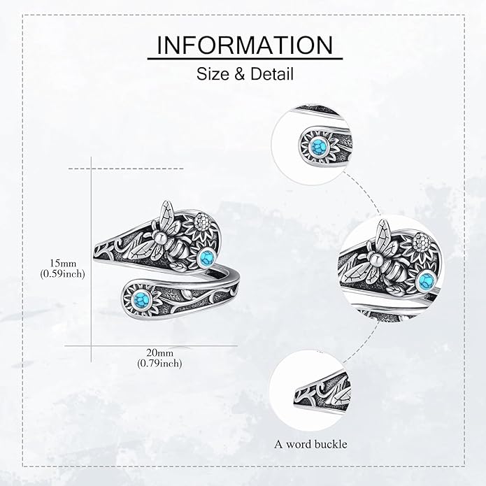 MONGAS Bee Ring Sterling Silver Created Turquoise Adjustable Spoon Ring Vintage Bee Jewelry Gifts for Women