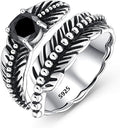 Sterling Silver Feather Ring with Black Onyx & Turquoise - Adjustable Stacking Vintage Statement Ring for Women & Men