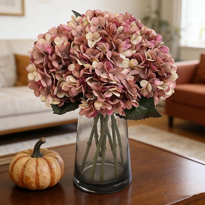 Kimura's Cabin 6pcs Fake Hydrangea Vintage Artificial Flowers, Fall Pink | Silk - Image 8
