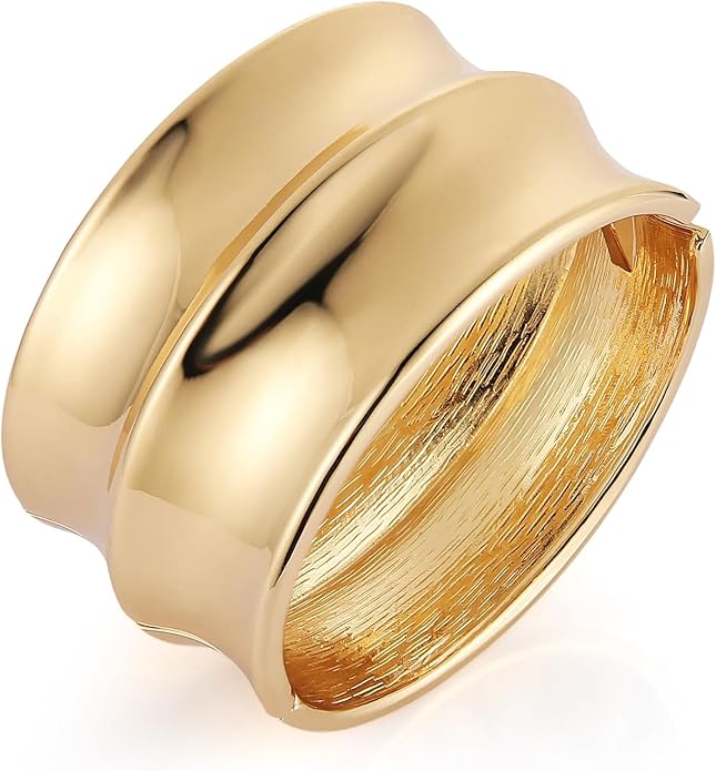 HZMAN 18K Gold Plated Wide Cuff Bracelet for Women - Premium Alloy Shiny Polished Double Layer Statement Bangle, Trendy Daily Wear Party Jewelry Accessory