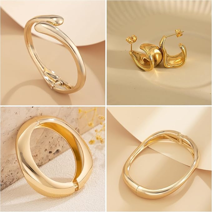 Chunky Gold Bangles Bracelets Earrings Set For Women, Statement Coordination of Twisted Hinged Stackable Bangle Bracelet and Chunky Earrings, Ideal Jewelry Gifts 18K Gold Plated
