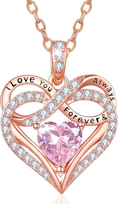 Infinity Rose Gold Valentines Heart Birthstone Necklace for Women,I Love You Always and Forever Jewelry,Valentines Anniversary Birthday Gifts for Her Wife Mom Grandma Daughter