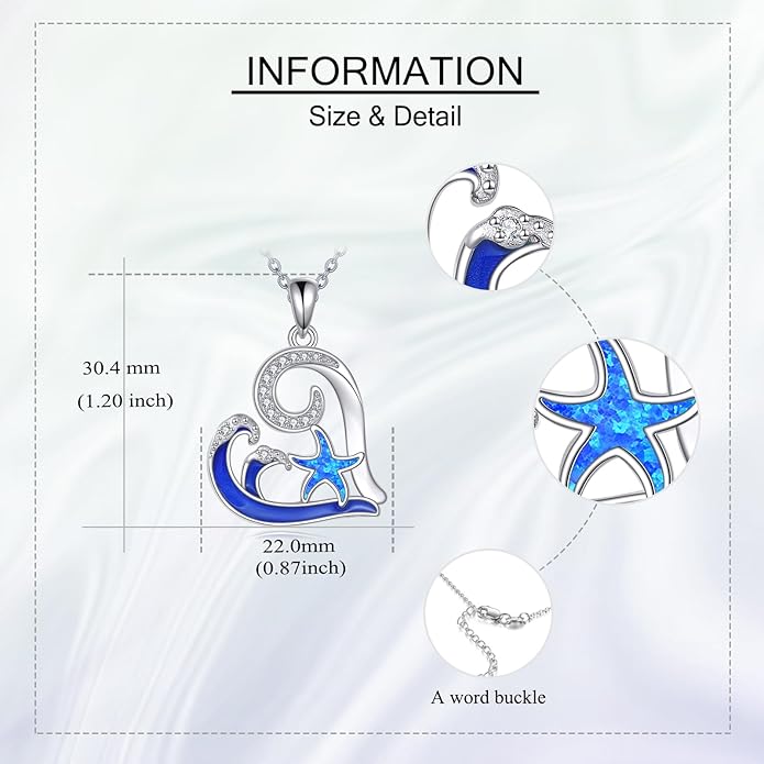 Starfish Necklace 925 Sterling Silver Wave Pendant Blue Opal Starfish Ocean Necklace Jewelry Beach Themed Gifts for Women
