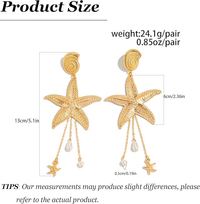 Gold Starfish Earrings for Women Trendy Dainty Starfish Statement Stud Earrings Hypoallergenic Summer Beach Ocean Coastal Jewelry
