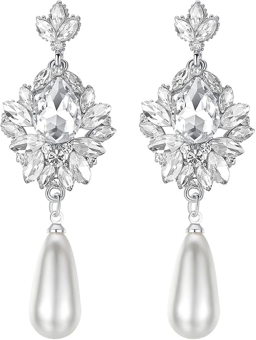 mecresh Flower Teardrop Bridal Wedding Dangle CZ Earrings in Silver/Gold Tone for Women Girl Bride Gift …