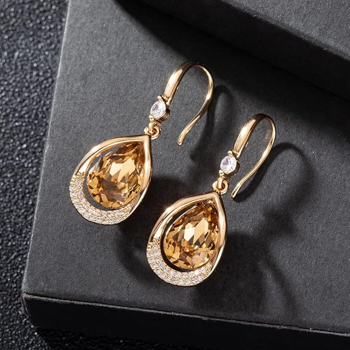 Austrian Crystal Halo Teardrop Hollow Drop Dangle Earrings for Women 14K Rose Gold Plated Hypoallergenic Jewelry Gifts