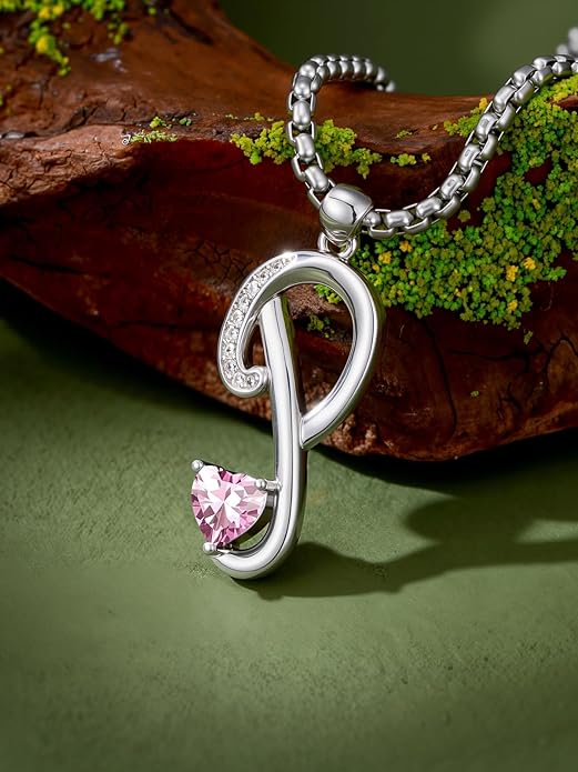 Valentines Day Gifts for Women Alphabet A to Z Initial Birthstone Pendant Necklaces for Women - 18k White Gold Plated Personalized Name Jewelry Valentine Mothers Day Birthday Gifts for Women Her Girlfriend