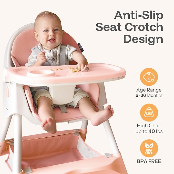 HARPPA 6-in-1 Convertible Baby High Chair for Toddlers, Foldable Highchair with Removable Tray for Eating & Playing, Adjustable 5-Point Safety Harness, Toddler High Chair with PU Cushion, Pink