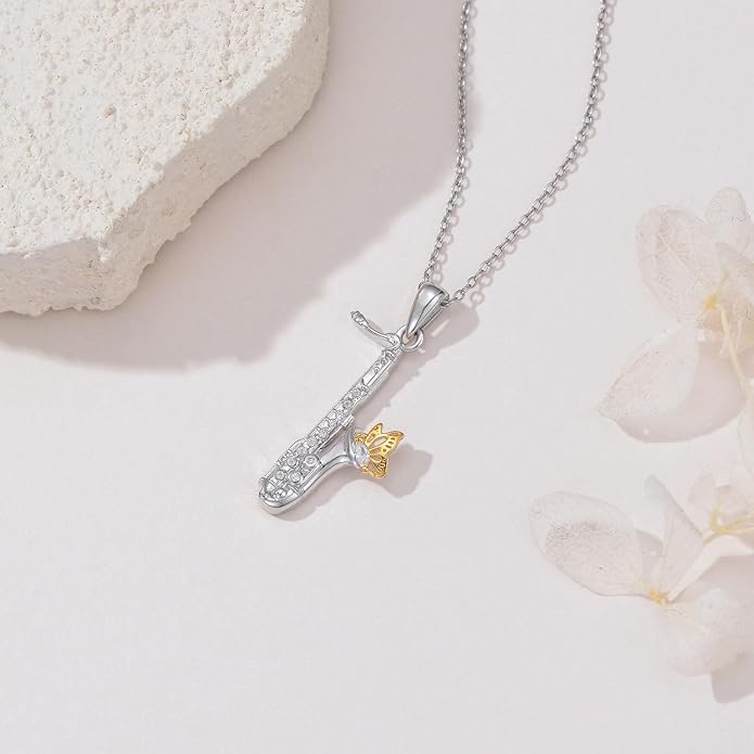 Violinist Necklace Sterling Silver Music Crystal Jewelry Saxophone Cello Violin Piano Flute Music Note Necklace Music Gifts for Women Girl Daughter