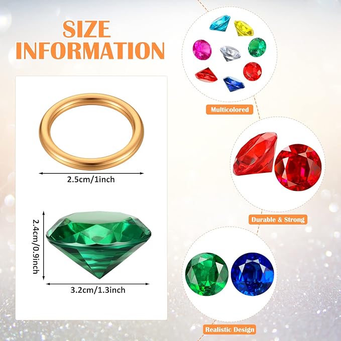 Chalyna 60 Pcs Acrylic Diamond Gem Jewelry Alloy Gold Round Ring Set Halloween Party Favor Pirate Treasure Hunting Cake Decor with Gift Bag for Birthday (Fresh Style)