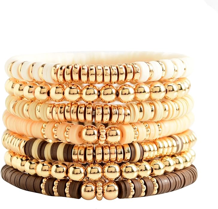 GOOJIDS Surfer Heishi Clay Bead Bracelets for Women Bohemian Stackable Gold Plated Beaded Stretch Bracelets Elastic Layering Friendship Bracelets Set Boho Jewelry