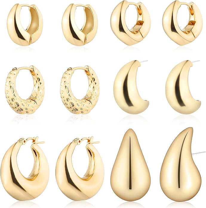 Wgoud 6 Pairs Gold Hoop Earrings Set for Women, 14K Gold Plated Hypoallergenic Lightweight Chunky Open Huggie Hoops Earrings Jewelry for Gifts.