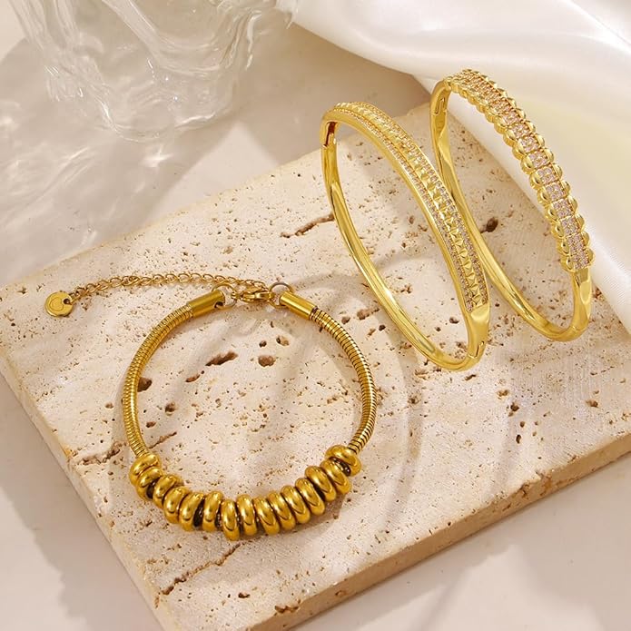 hotoo Gold Stackable Bangle Bracelets For Women 18K Gold Plated Beads Chain Bracelets Stainless Steel Bangle Bracelets Set Cubic Zirconia For Birthday Christmas Trendy Jewelry Gifts,3PCS