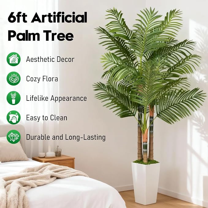 6ft Artificial Palm Tree Indoor Plant，Triple Faux Tropical Areca Floor Plant in - Image 2