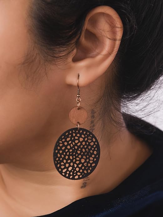 MINACHI Bohemian Hollow Cut-Out Wood Leather Dangle Drop Earrings, Boho Chic Hippie Statement Jewelry Gift for Women