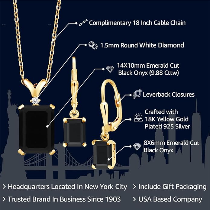 Gem Stone King 9-13 Cttw Pendant and Earrings Jewelry Set For Women | Emerald Cut 14X10MM and 8X6MM | Round 1.5MM | Gemstone Birthstone and Diamond | 925 Sterling Silver | 18 Inch Silver Chain