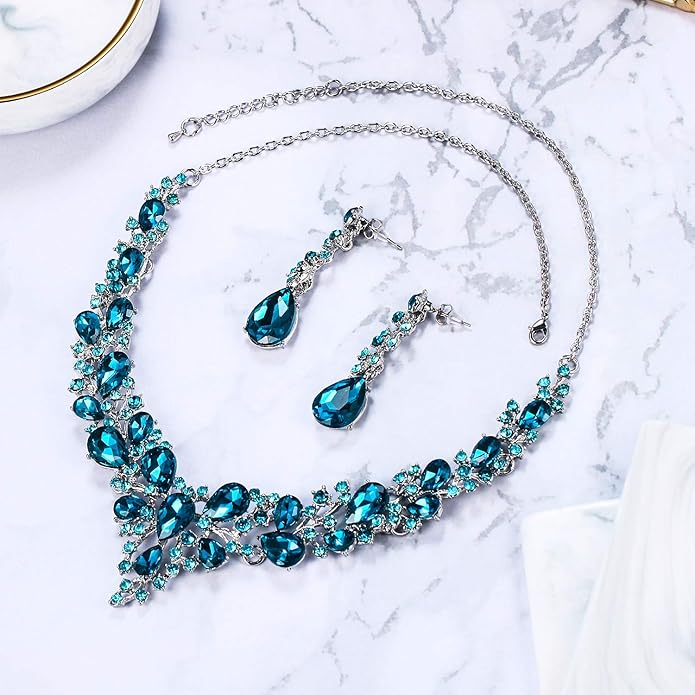BriLove Women's Wedding Bridal Austrian Crystal Teardrop Cluster Statement Necklace Dangle Earrings Jewelry Set