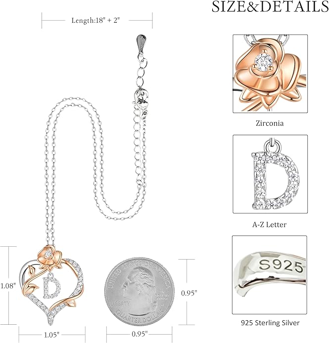 Valentines Day Gifts Rose Heart Letter Initial Necklace for Women, S925 Sterling Silver Pendant Necklace Adjustable Dainty Rose Flower Jewelry Gift for Her