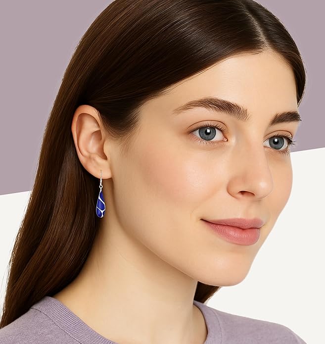 AeraVida Vintage Streaked Teardrop Simulated Blue Lapis Lazuli .925 Sterling Silver Dangle Earrings | Shiny Fish Hook Earrings | 9x45mm Lightweight Gift Jewelry for Women