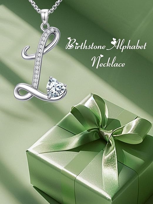 Valentines Day Gifts for Women Alphabet A to Z Initial Birthstone Pendant Necklaces for Women - 18k White Gold Plated Personalized Name Jewelry Valentine Mothers Day Birthday Gifts for Women Her Girlfriend