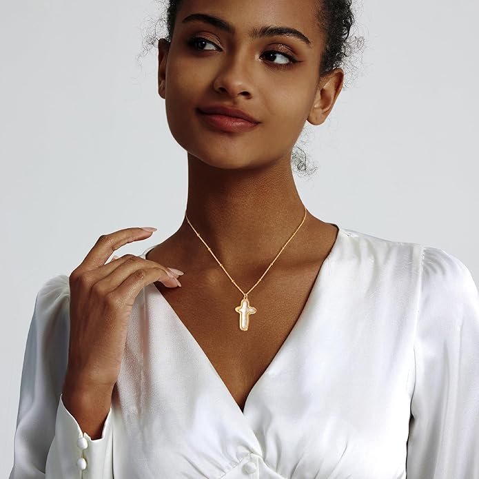 Zeffy 14K Gold/Silver Plated Chunky Thick Chain Toggle Clasp Necklace Dainty Baroque Pearl/Heart/Cross/Turquoise Pendant Necklace