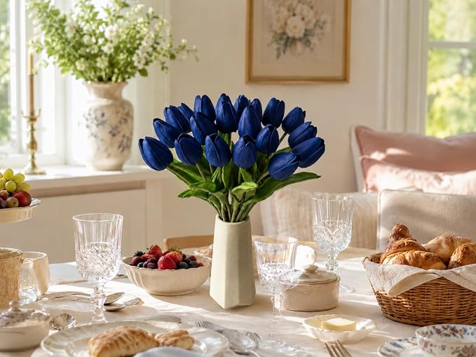 Mandy's 20pcs Artificial Royal Blue Tulips | 13.5 Inch Lifelike PU Tulips Faux - Image 7