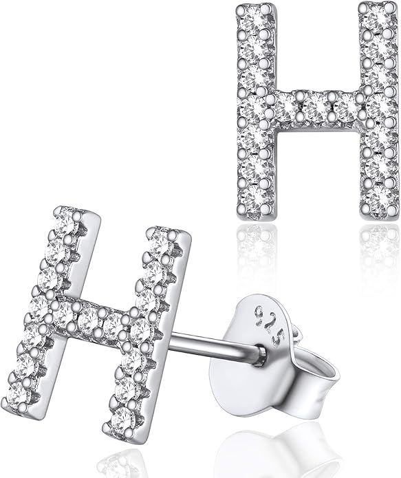 Silver Letter Stud Earrings for Women with Alphabet H Solid Silver Ear Jewelry for Sensitive Ears Wearing