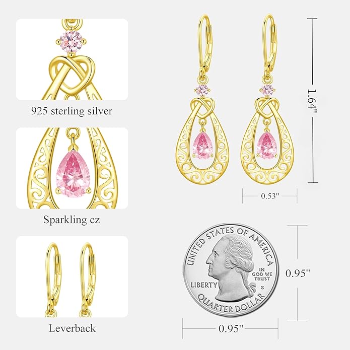 Teardrop Birthstone Dangle Drop Earrings Sterling Silver Infinity Filigree Leverback Earrings, Infinity Love Birthday Anniversary Valentines Day Gifts for Her Women Mom Wife