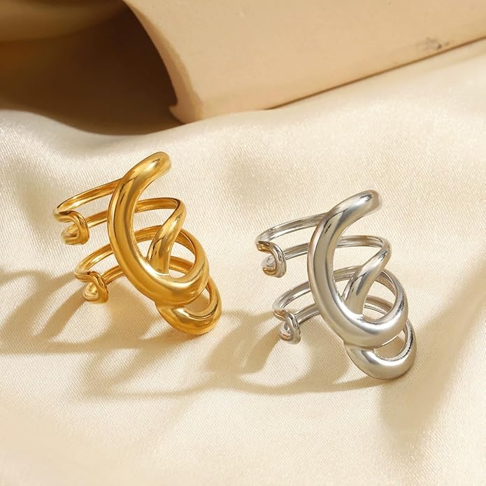 Chunky Rings For Women, Gold Silver Thumb Ring Asymmetrical Wavy Curve Ring Adjustable Non Tarnish Dainty Stainless Steel New Year Anniversary Birthday Jewelry Gift