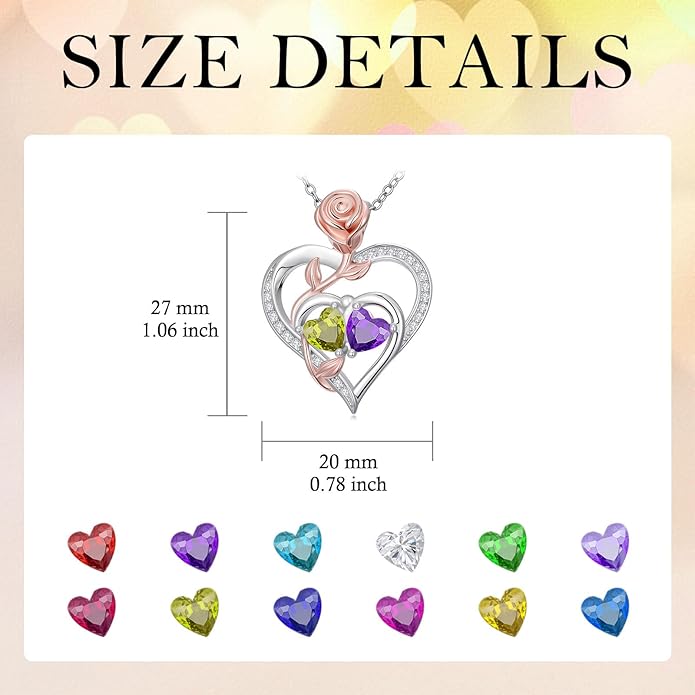 Rose Flower Heart Pendant for Women Birthday Gifts 18k Gold Plated Mother Daughter Necklace with 12 Months Birthstone Christmas Valentines Day Gifts for Her Mom Anniversarry Jewelry for Mom Wife Girlfriend