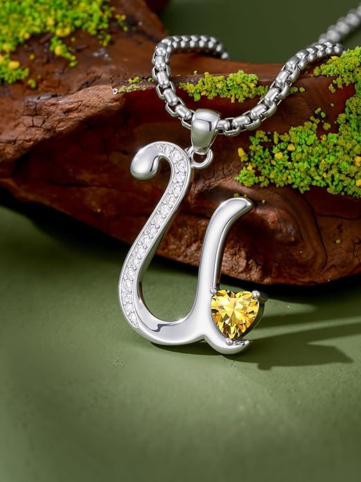 Valentines Day Gifts for Women Alphabet A to Z Initial Birthstone Pendant Necklaces for Women - 18k White Gold Plated Personalized Name Jewelry Valentine Mothers Day Birthday Gifts for Women Her Girlfriend