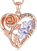 925 Sterling Silver Double Birthstone Rose Flower Heart Jewelry Necklaces for Women Anniversary Love Forever Necklaces for Her Birthday Gifts for Wife Girlfriend Mom Mothers Day Rose Gold