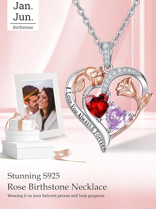 Valentine's Day Gifts for Wife 925 Sterling Silver Double Birthstone Pendant Necklaces I Love You for Always and Forever Necklace Anniversary Birthday Gifts for Wife Girlfriend Mom Her