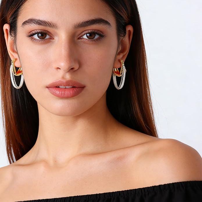 Two-Tone Tassel Chain Huggie Hoop Earrings for Women Mix Metal 18K Gold Plated Small Chunky Statement Earrings Gold Silver Dangle Drop Hip Hop Punk Hoop Earrings