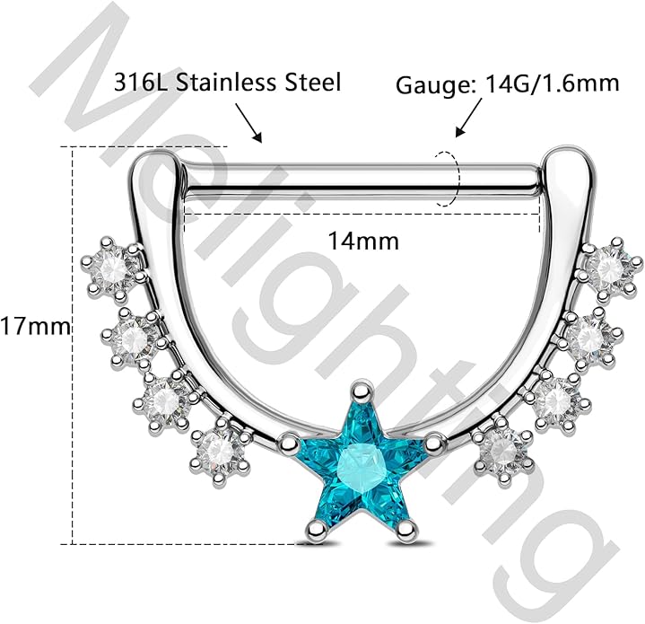 Melighting 14G Star Nipple Rings Steel 316L Nipple Piercing Jewelry Clear CZ Nipple Bars Clicker Nipple Barbell For Women Men 14mm